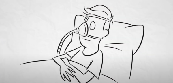 Een animatiebeeld van iemand met een beademingsmasker op