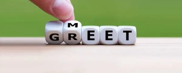 Dobbelstenen met de letters meet en greet