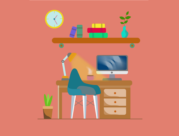 Tekening van een thuiskantoor met o.a. een bureau, stoel en computer en lampje