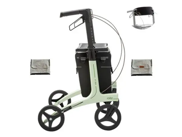 de superlichtgewicht rollator Rollz Air te zien met rugleuning en tassen verkrijgbaar bij Rollz International en zorgwinkels