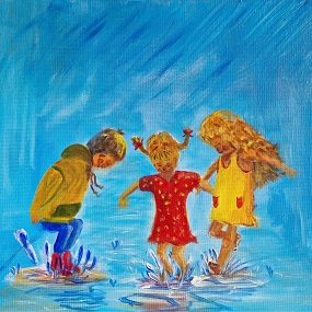 Schilderij van drie kinderen die in plassen springen