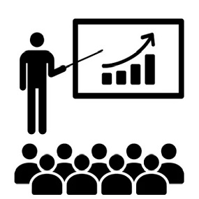Illustratie van een conferentie waar een persoon aan het presenteren is.