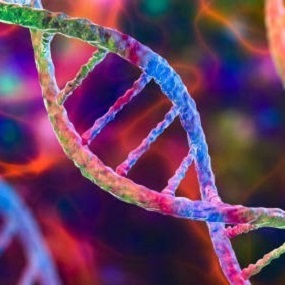 Dubbel helix structuur van een DNA molecuul. 3D illustratie in verschillende kleuren.