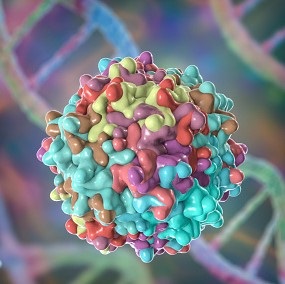 3D illustratie van een Adenovirus in verschillende kleuren.