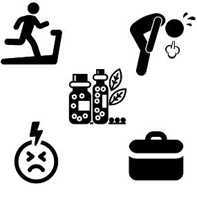 logo;s van een tas, man met een bliksem, drinkflessen, zuchtend persoon en een rennend persoon