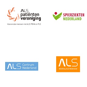 Logo's van ALS patientenvereniging, ALS centrum Nederland en Spierziekten Nederland.