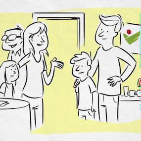 3 personen en 2 kinderen in gesprek.