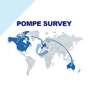 Pompe Survey met wereldkaart waarin Nederland, de Verenigde Staten, Duitsland, Frankrijk en Australie aangekleurd zijn.