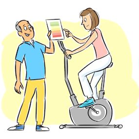 2 personen, een persoon op een hometrainer.