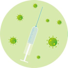 Vaccinatiespuit met groene virussen eromheen.