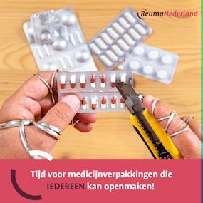 Banner met medicijnstrips en de tekst: tijd voor medicijnverpakkingen die IEDEREEN kan openmaken!