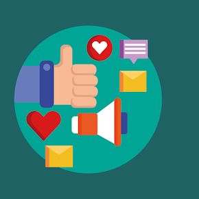 Duim omhoog met daaromheen verschillende symbolen: like, mail, bericht, megafoon, hartje.