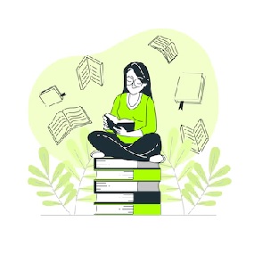 Persoon zit op stapel boeken