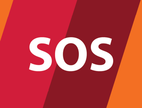 voorkantje van het SOS-kaartje spierziekten met de letters SOS op een oranje-rode achtergrond