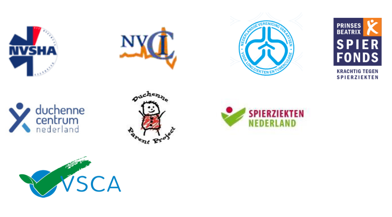 Logo's van verschillende patiënten- en beroepsverenigingen, fondsen en organisaties die veel te maken hebben met long- en spoedzorg: NVSHA, NVIC, NVALT, DCN, DPP, VSCA en Spierziekten Nederland.