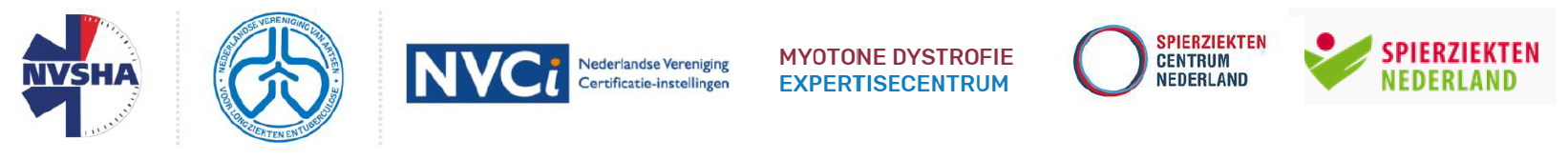 Logo's van NVSHA, NVALT, NVIC, MD-expertisecentrum, Spierziekten Centrum Nederland en Spierziekten Nederland.
