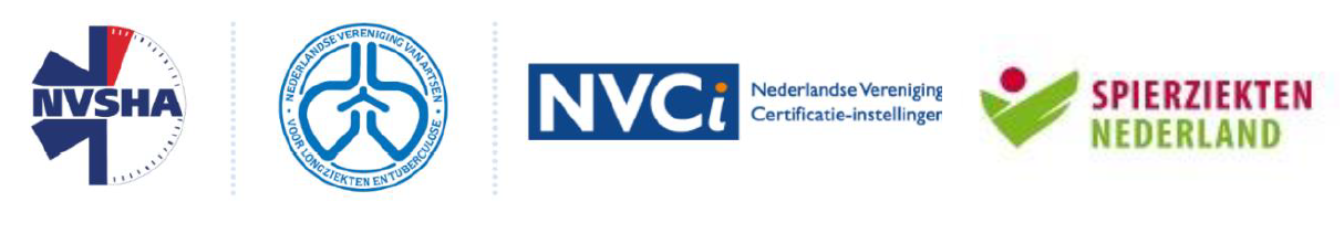 Logo's van NVSHA, NVALT, NVIC en Spierziekten Nederland