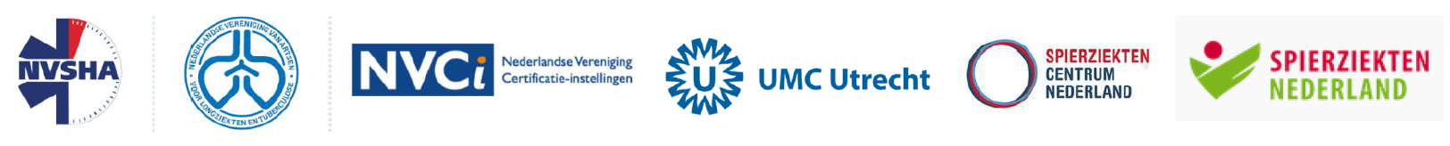 Logo's van NVSHA, NVALT, NVIC, UMCU, Spierziekten Centrum Nederland en Spierziekten Nederland.