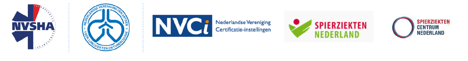 Logo's van NVSHA, NVALT, NVIC, Spierziekten Nederland en Spierziekten Centrum Nederland.