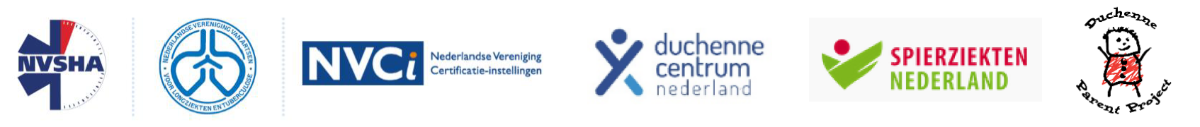 Logo's van NVSHA, NVIC, NVALT, DCN, DPP, VSCA en Spierziekten Nederland.