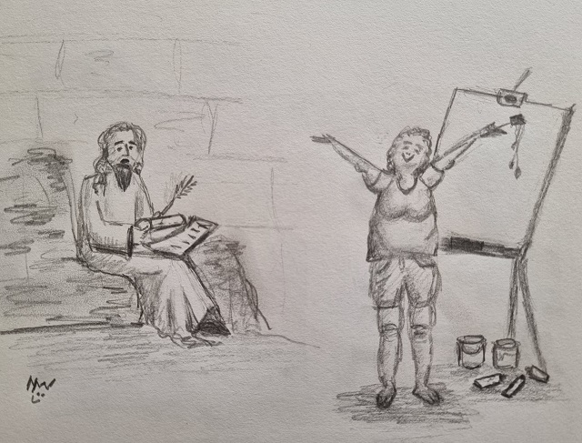 Tekening van Nicole van een klagende profeet en een blij kunstenares bij een schildersezel