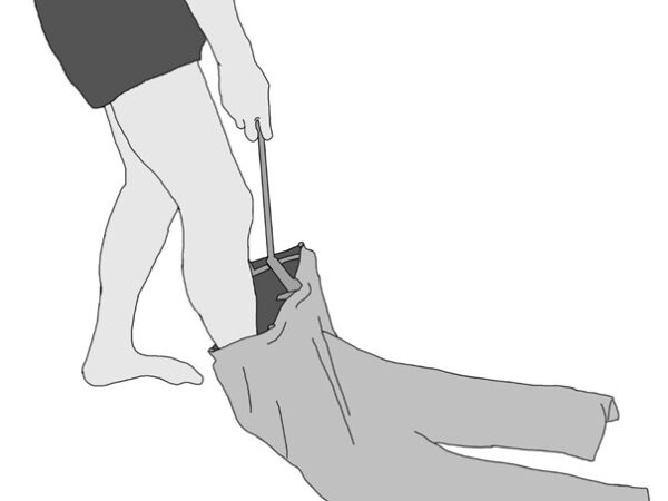 Tekening van iemand die met de freya broek aantrekhulp zijn broek aantrekt verkrijgbaar bij bijzonderhandig